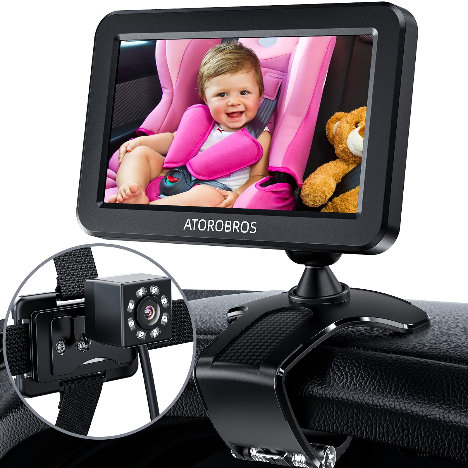 ATOROBROS Baby car Mirror,ATOROBROS Baby car camera for Backseat with Night Vision,43 ,360A Rotation Dashboard clip Mount Display Stand,Wi