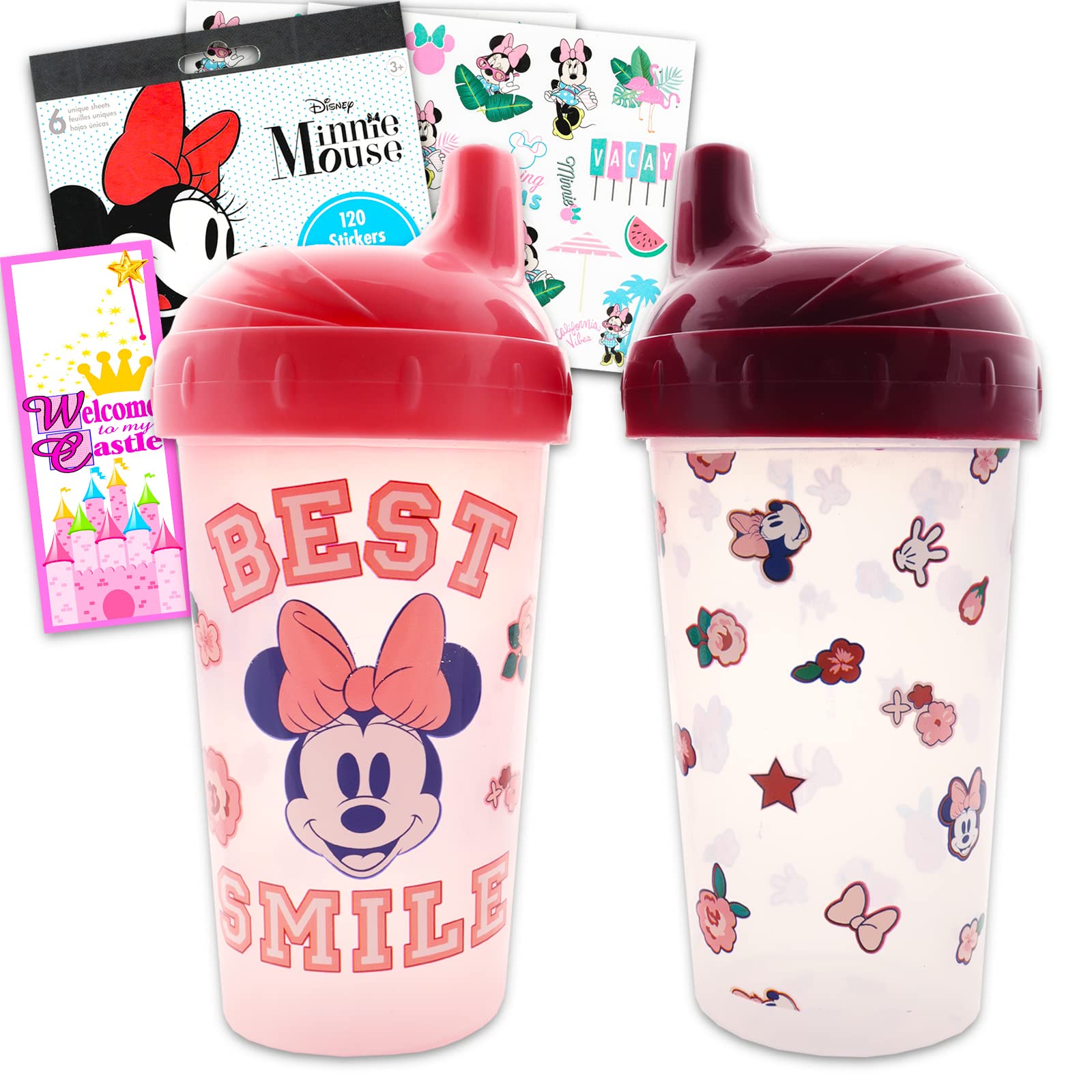 Classic Disney Disney Minnie Mouse Leak-Proof Sipper cup Set for Kids - Bundle with 2 Disney Spill-Proof Sippy cups Plus Minnie Stickers and Mo