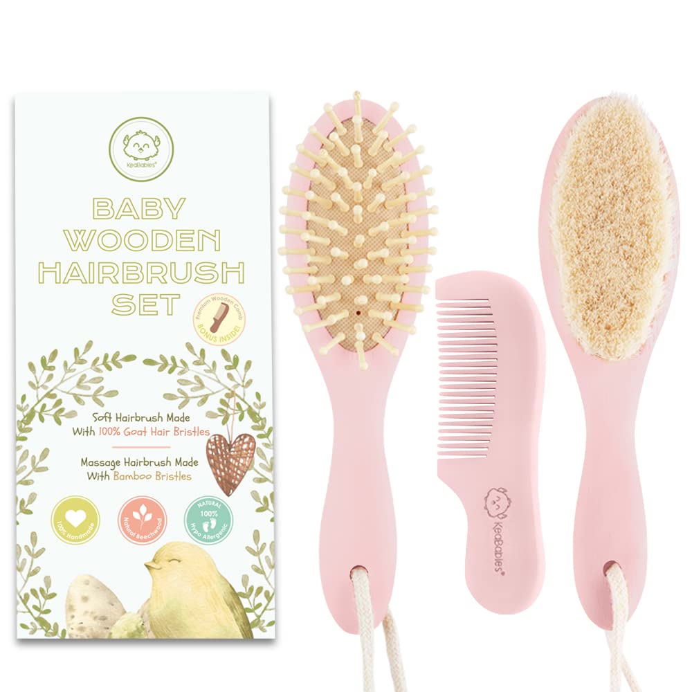 KeaBabies Baby Hair Brush and Baby comb Set - Wooden Baby Brush with Soft goat Bristle - Toddler Hair Brush Baby Brush and comb Set - Baby