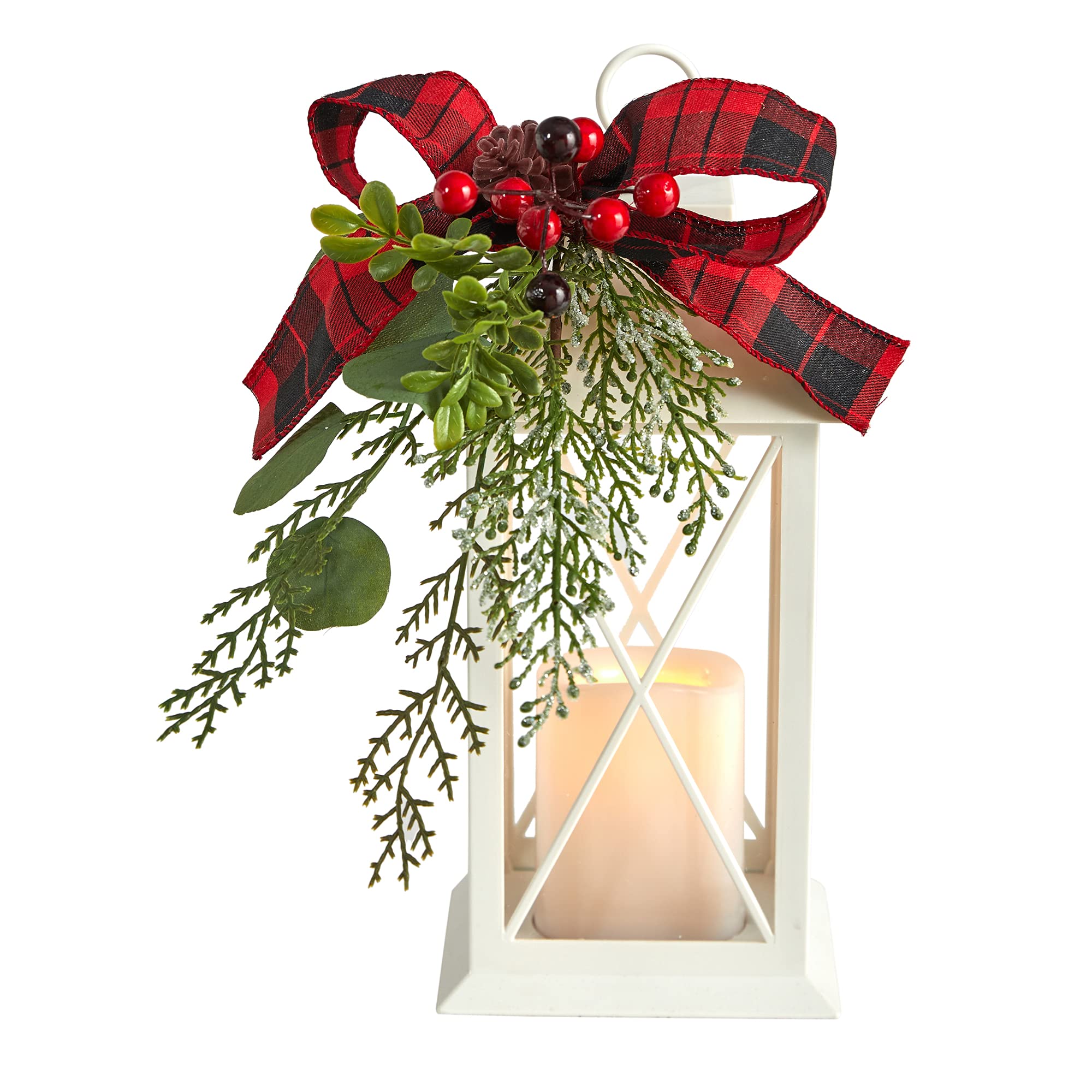 Nearly Natural 12" Holiday White Lantern With Berries, Pine and Plaid Bow Artificial Christmas Table Arrangement with LED Candle Included