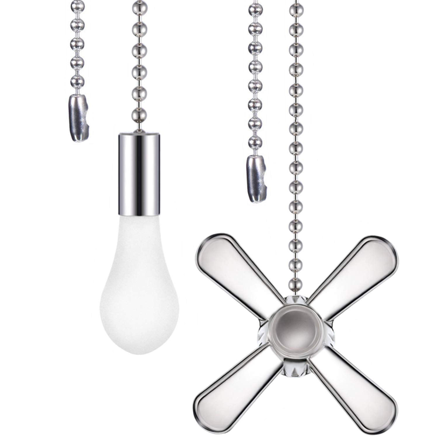 Tatuo 2 Pieces Metal Fan and Light Bulb Shaped Pull chain Set with connector, 1 Piece Length Extension Beaded Pull chain in Box (Silve