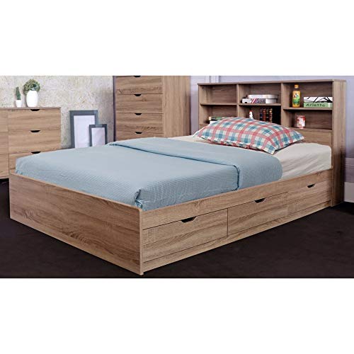 HomeRoots Benzara Wooden Full Size Bed Frame with 3 Drawers and Grain Details, Taupe Brown