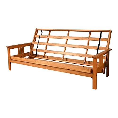 Pemberly Row Queen Size Futon Frame With Side Coffee Table, Farmhouse Rustic Wooden Futon Frame, Foldable Sleeper Sofa Bed Frame