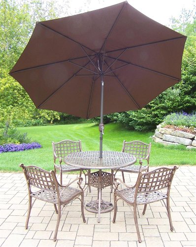 Oakland Living Elite 7-Piece Set with 42-Inch Table 4 chairs All None Rust cast Aluminum 9-Feet Tilt and crank Umbrella and Stan