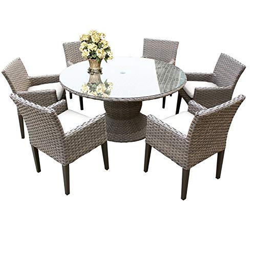 TK classics FLORENcE-60-KIT-6Dcc-WHITE Florence 60 Inch Table with 6 chairs wArms Outdoor Wicker Patio Dining Sets Sail White