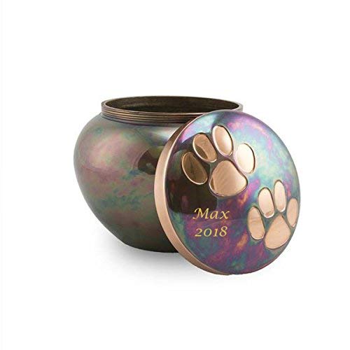 OneWorld Memorials Paw Print Bronze Pet Urn - Medium - Holds Up to 70 cubic Inches of Ashes - Raku Blue Pet cremation Urn for As