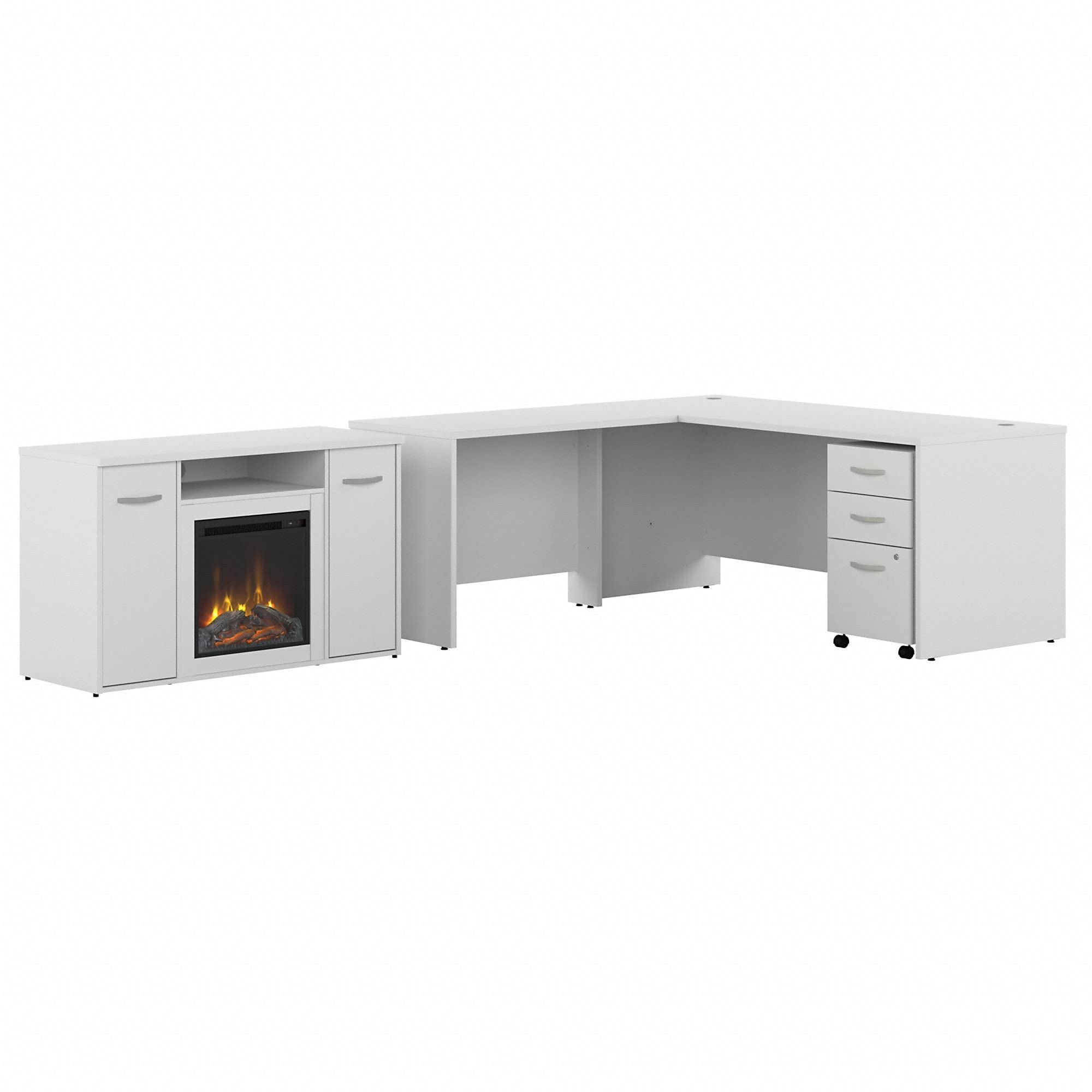 Bush Business Furniture Studio c L Shaped Desk with 3 Drawer Mobile File cabinet and 48 Electric Fireplace TV Stand 72W x 30D Wh