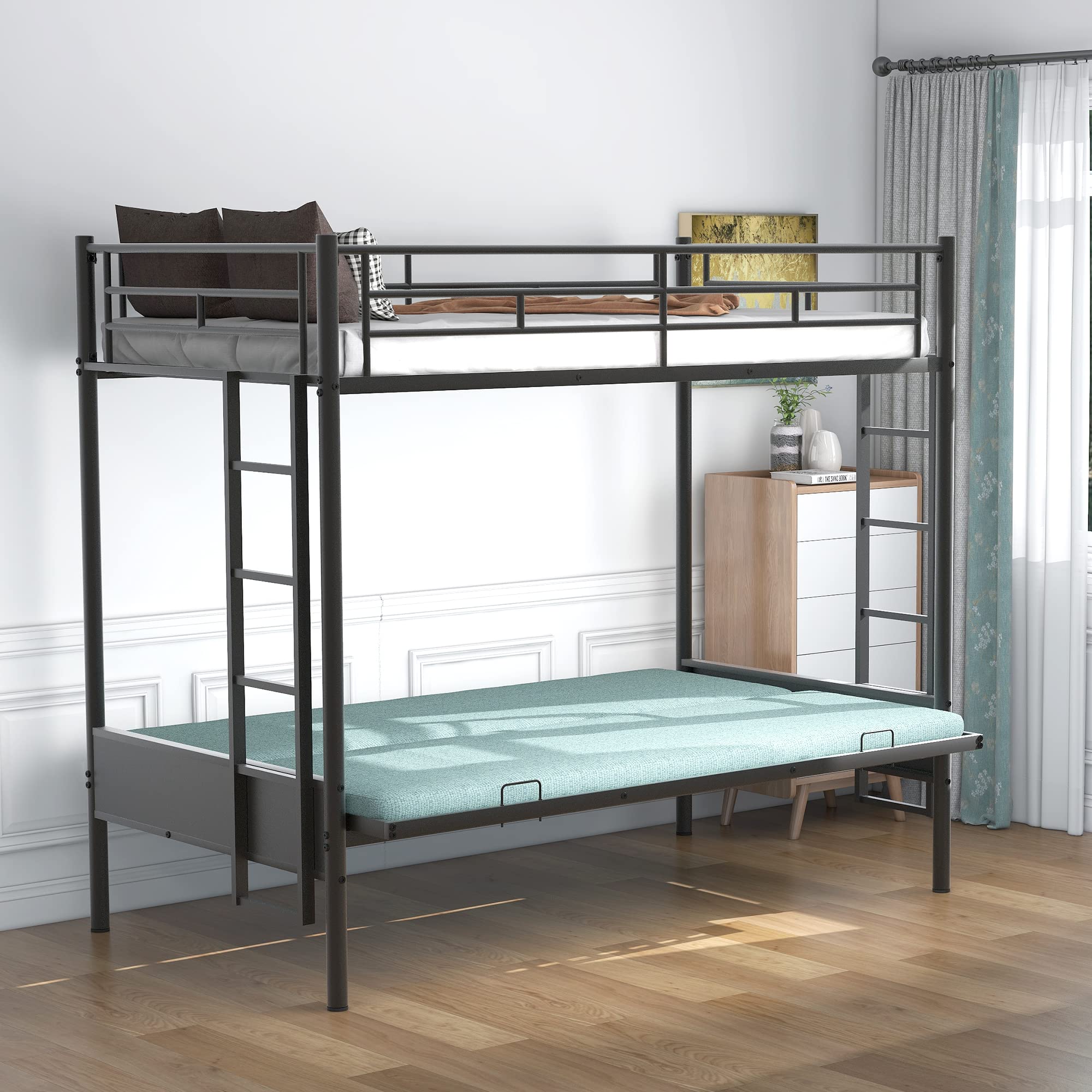 SOFTSEA Twin Over Twin Metal Bunk Bed for Kids Industrial Twin Over Futon Bunk Beds with Two Side Ladders and Full-Length guardr