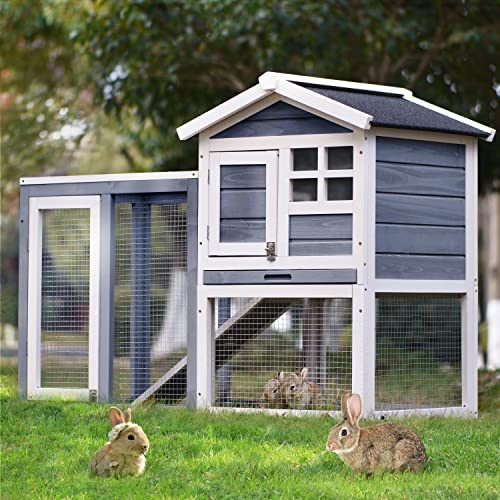 EMKK Wooden Rabbit Hutch Bunny Hutch Elevated Pet House cage Small Animal Habitat with No Leak Tray Lockable Door Openable Top f