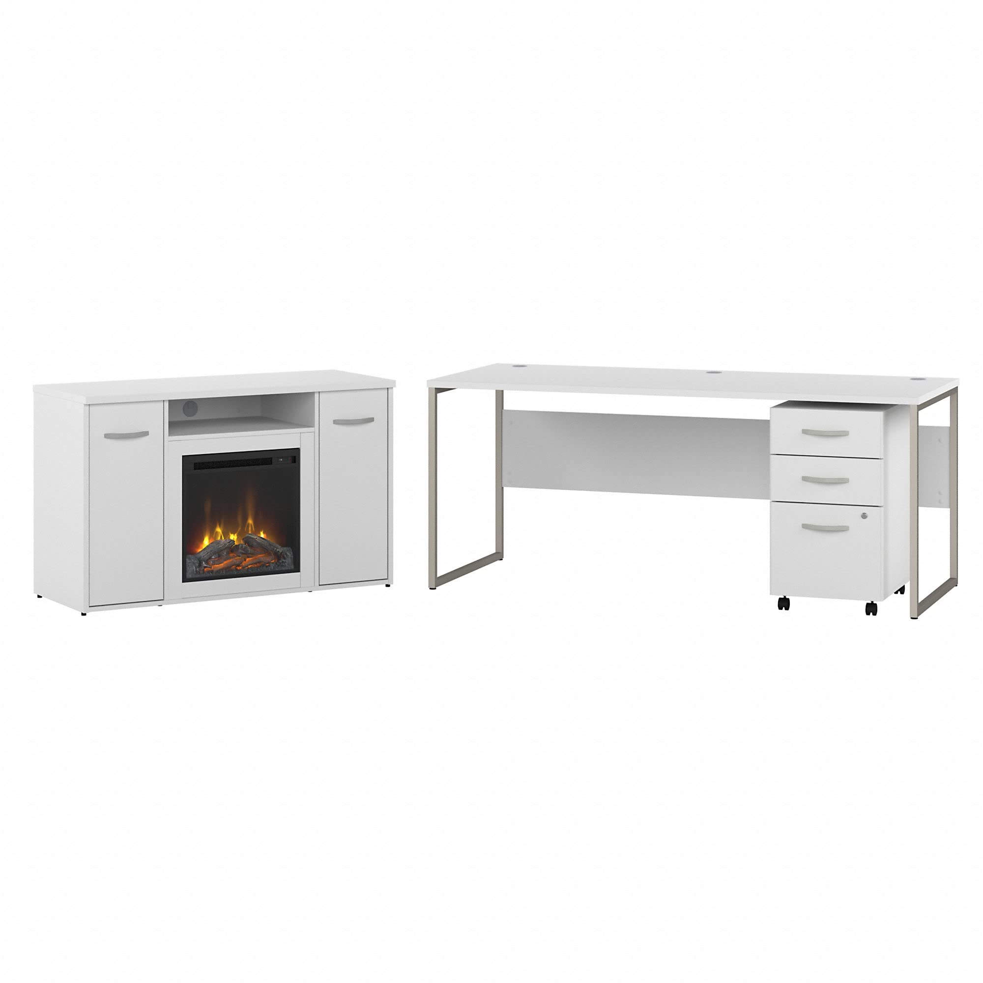 Bush Business Furniture Hybrid Desk with 3 Drawer Mobile File cabinet and 48 Electric Fireplace TV Stand 72W x 30D White