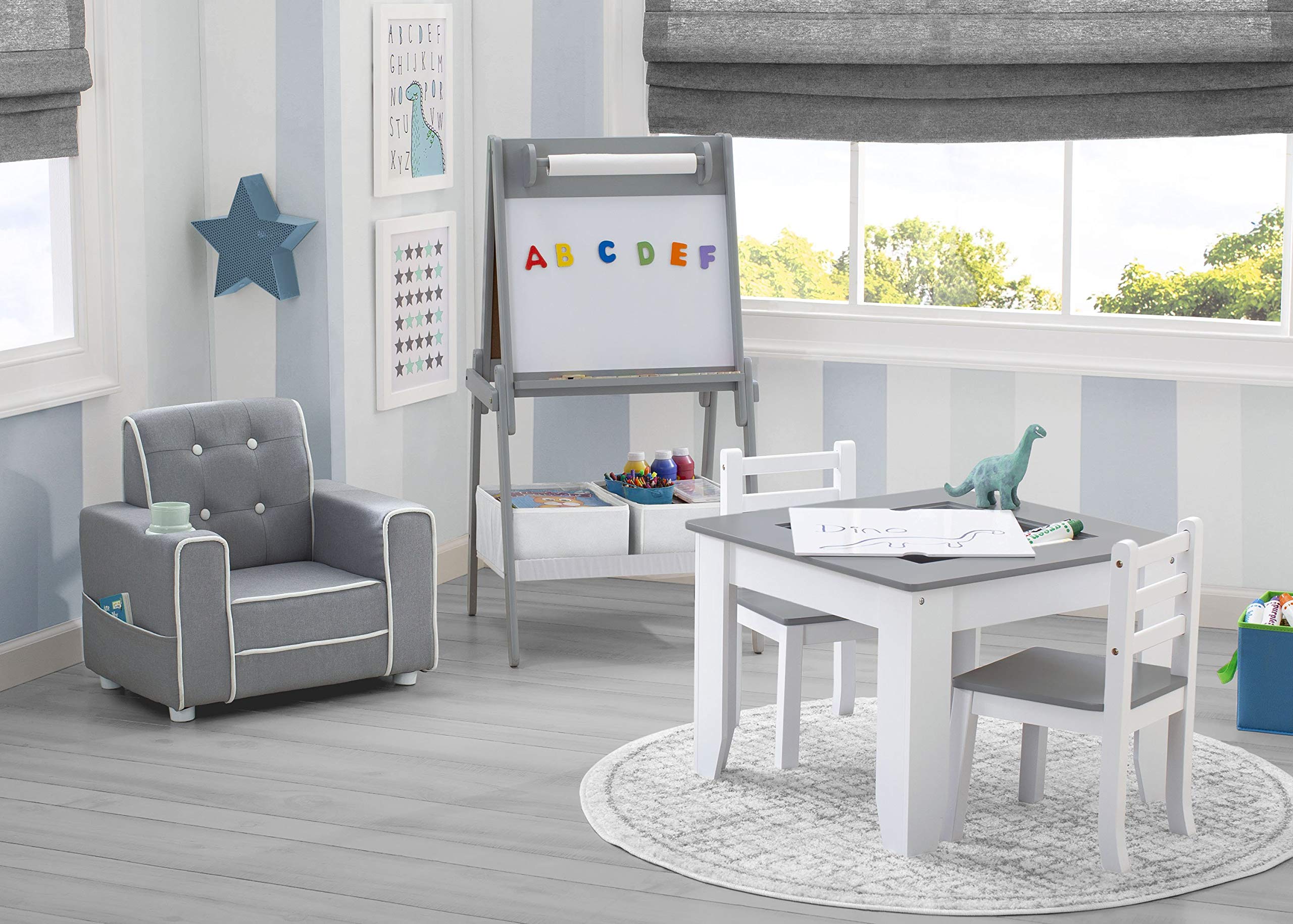 Delta children chelsea 5-Piece Kids Furniture Set Set Includes: Table & 2 chairs Easel Upholstered chair (greyWhite)