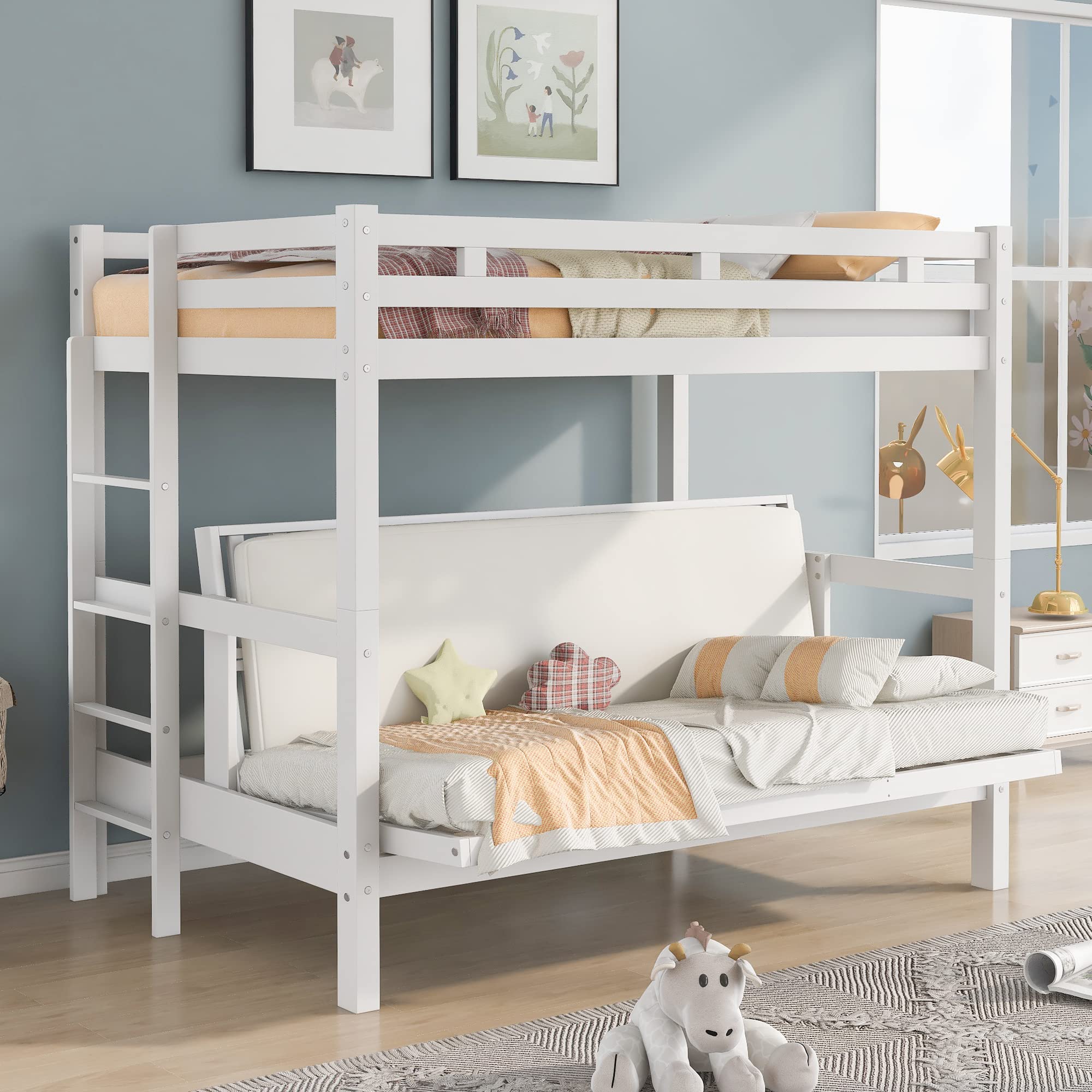 P PURLOVE Twin Over TwinFull convertible Bunk Bed Futon Sofa Bed Wood Bunk Bed Frame can be Devided into Twin Bed and a Daybed o