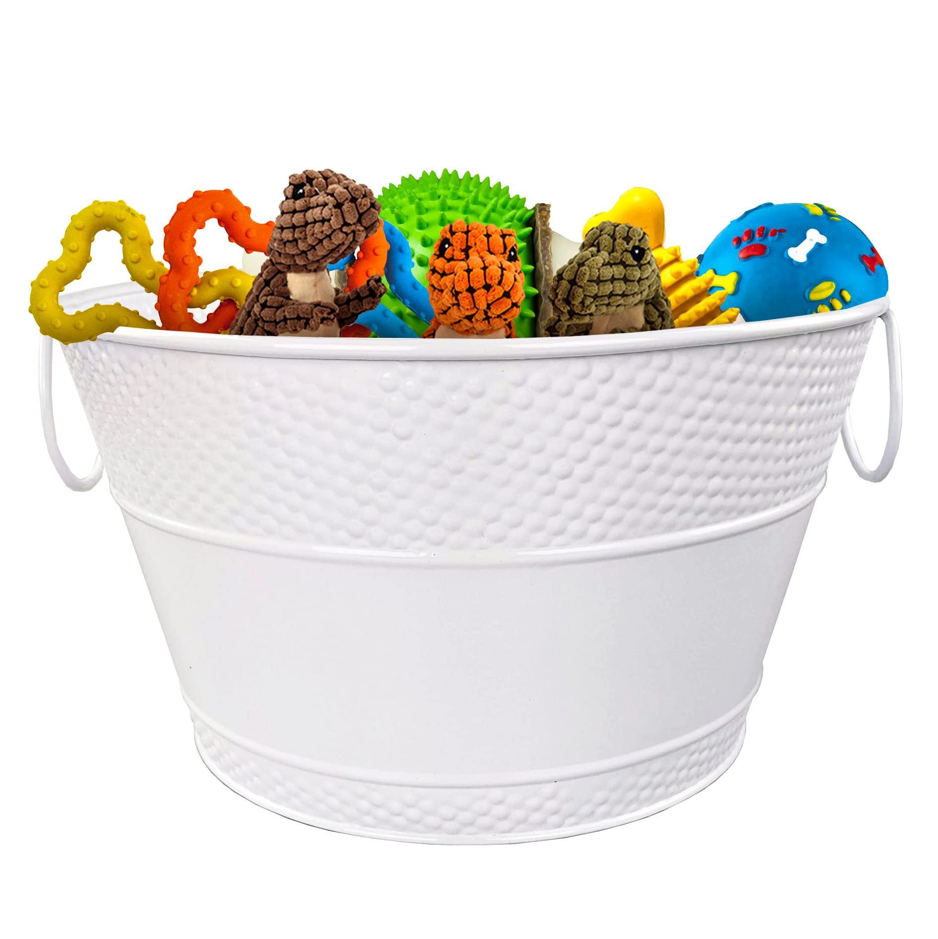 BrekX Metal Indestructible Dog Toy Bin - galvanized Accessory Storage Bin  with Handles Organizer Storage Basket for Pet Toys Blankets
