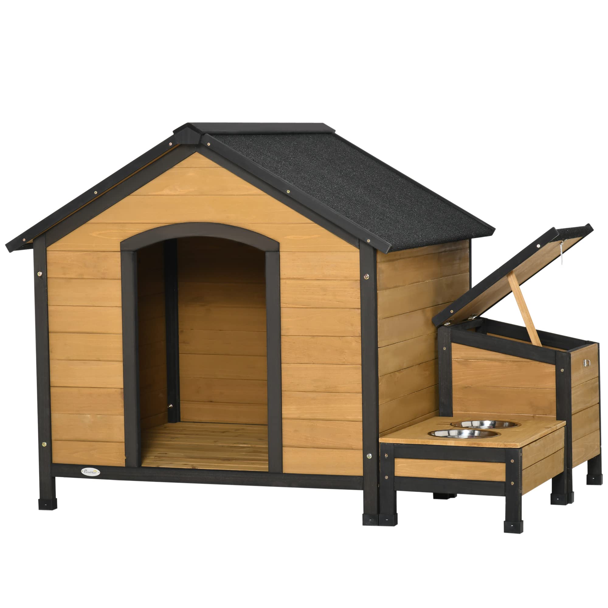 PawHut Wooden Outdoor Dog House cabin-Style Pet House with Feeding Bowls Asphalt Roof Storage Box for Dogs Up to 66 Lbs. Natural