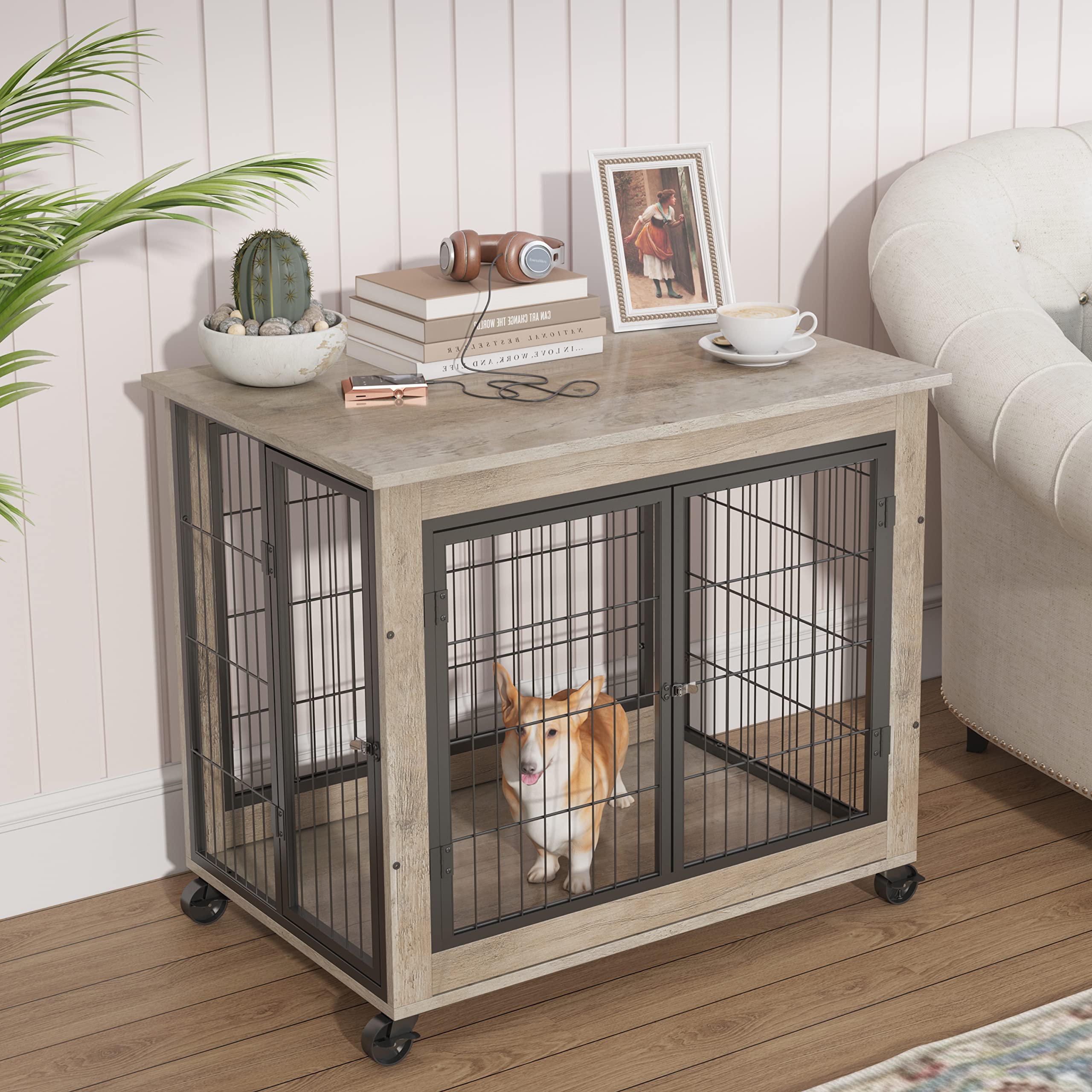 ZSQ Dog crate Table Furniture Dog cage with Double Doors on casters Wooden Pet Kennel Furniture End Table 32W*22D*25H (grey)