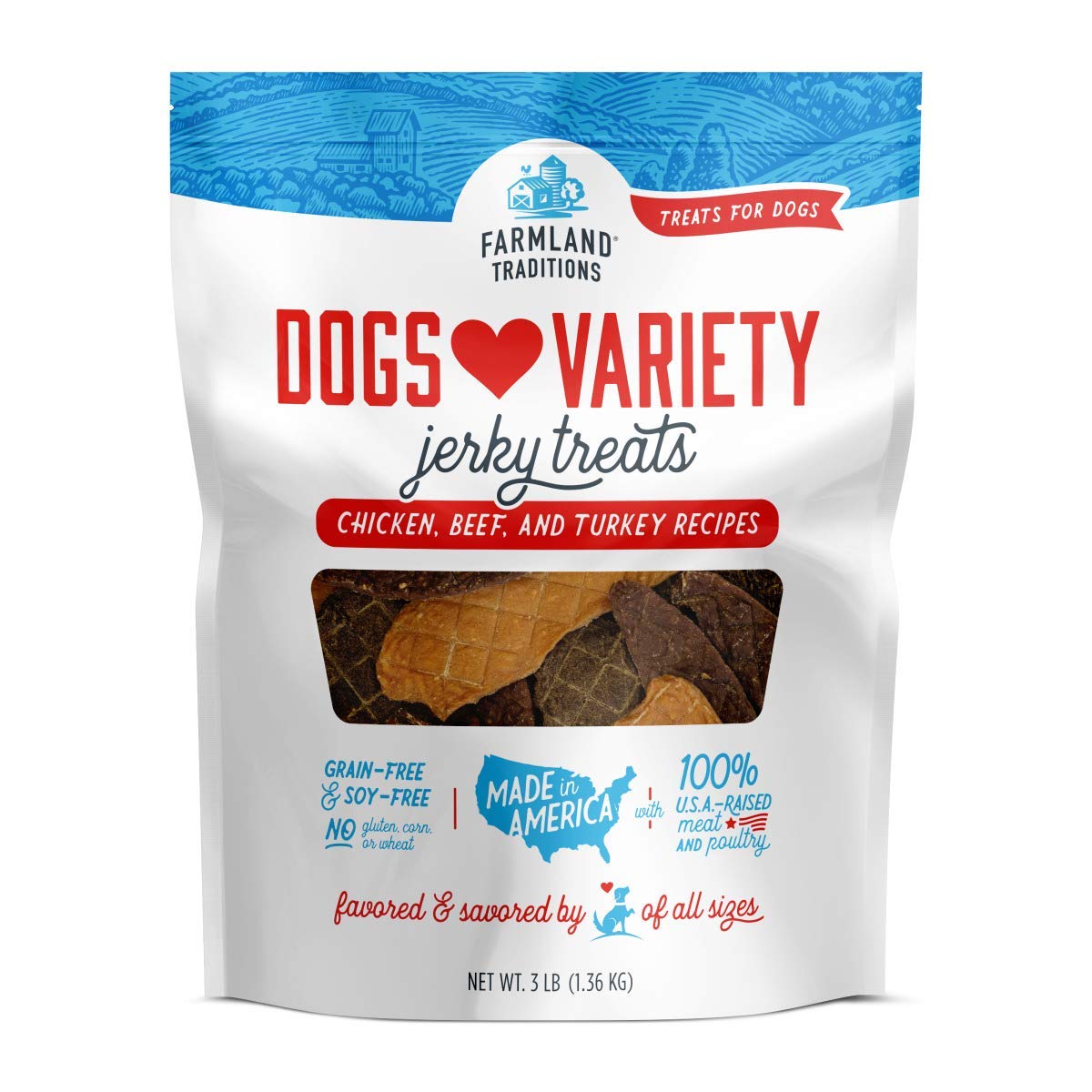 Farmland Traditions Filler Free Dogs Love Variety Premium Jerky Treats for Dogs chicken Beef & Turkey 3 lb. Bag