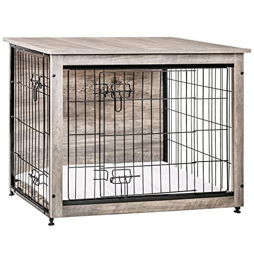 DWANTON Dog crate Furniture with cushion Wooden Dog crate with Double Doors Dog Furniture Indoor Dog Kennel for SmallMediumLarge