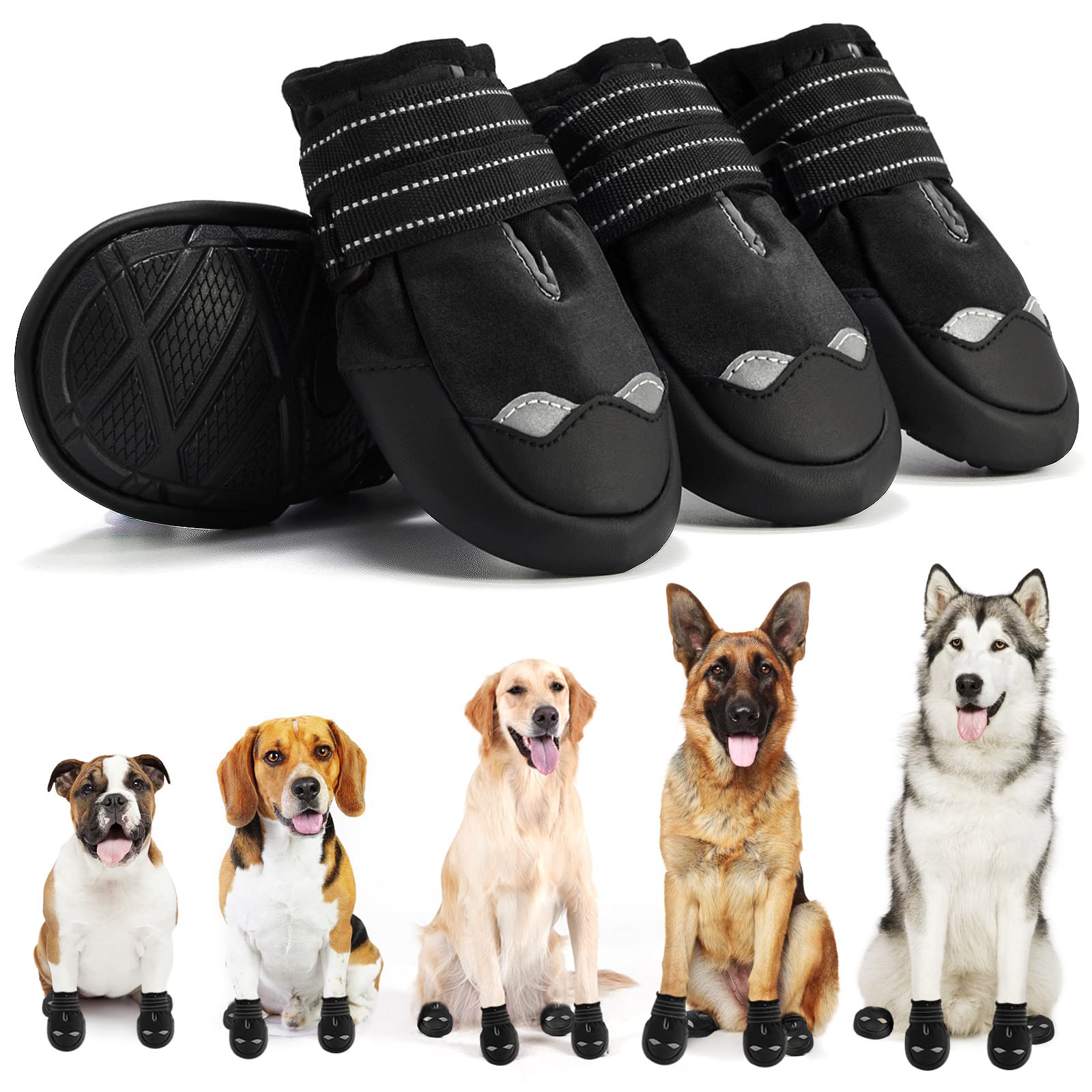 JZXOIVA Dog Boots Waterproof Dog Shoes Dog Shoes for Large Dogs Paw Protectors with Non-Slip Rubber Bottom for Outdoor Hiking an