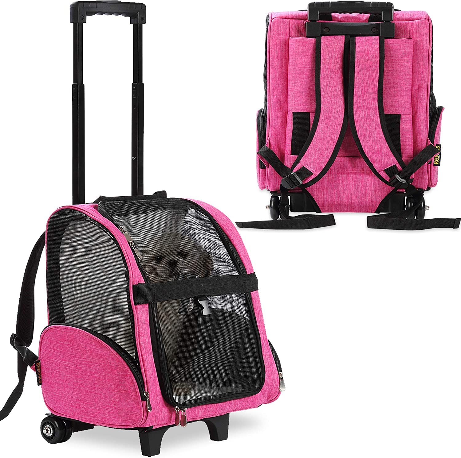 KOPEKS Deluxe Backpack Pet Travel carrier with Double Wheels - Pink - Large (KPS-1115)