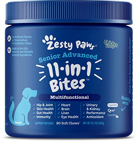 Zesty Paws Senior Advanced Multifunctional Supplement for Dogs - glucosamine & chondroitin for Hip & Joint Support - Psyllium & Enzymes for