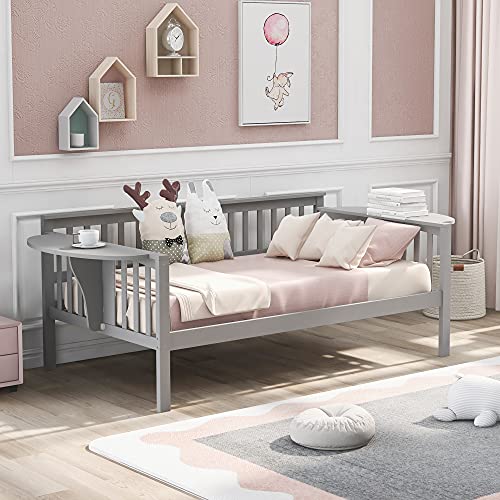 Harper & Bright Desi Wood Twin Size Daybed Frame Twin Bed Frame with Built-in End Table Sofa Bed for Living Room guest Room Wood Slat Support No Box-