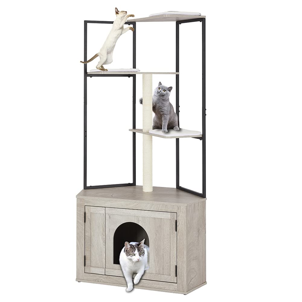 unipaws corner cat Litter Box Enclosure with cat Tree Tower Hidden cat Washroom Furniture with Scratching Post and Soft Perch In
