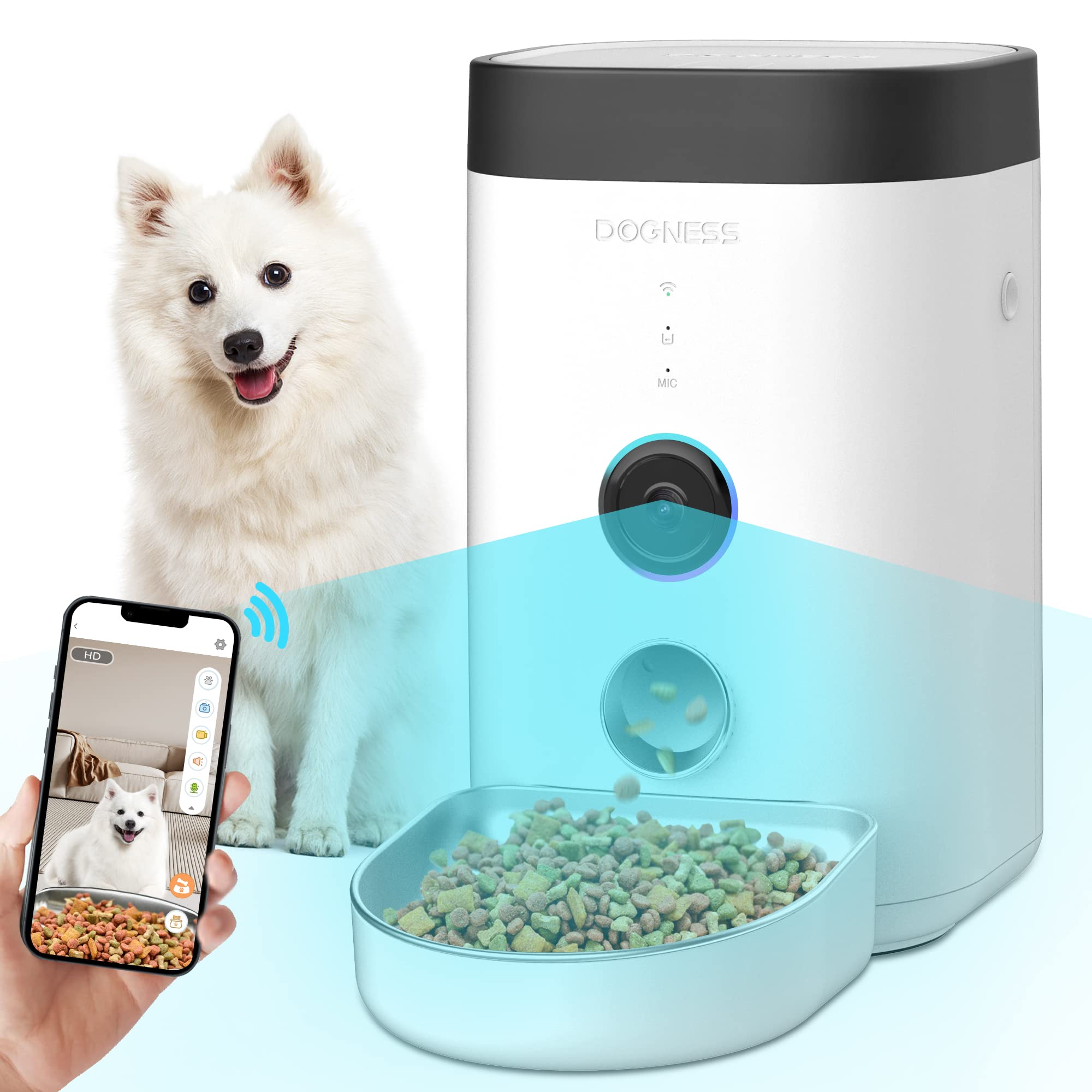 DOgNESS Automatic cat Feeder with camera 1080P HD Video with Night Vision WiFi cat Food Dispenser with 2-Way Audio Low Food & Bl
