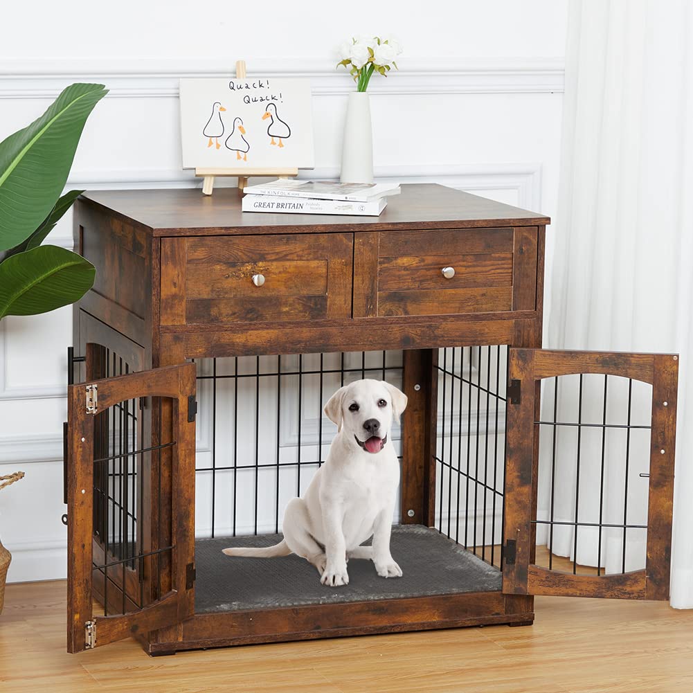 Knowfunn Dog crate Furniture with 3 Doors31.5 Large Dog crate with 2 Drawer & cushionWooden Dog House Kennel for MediumLarge DogDog crate