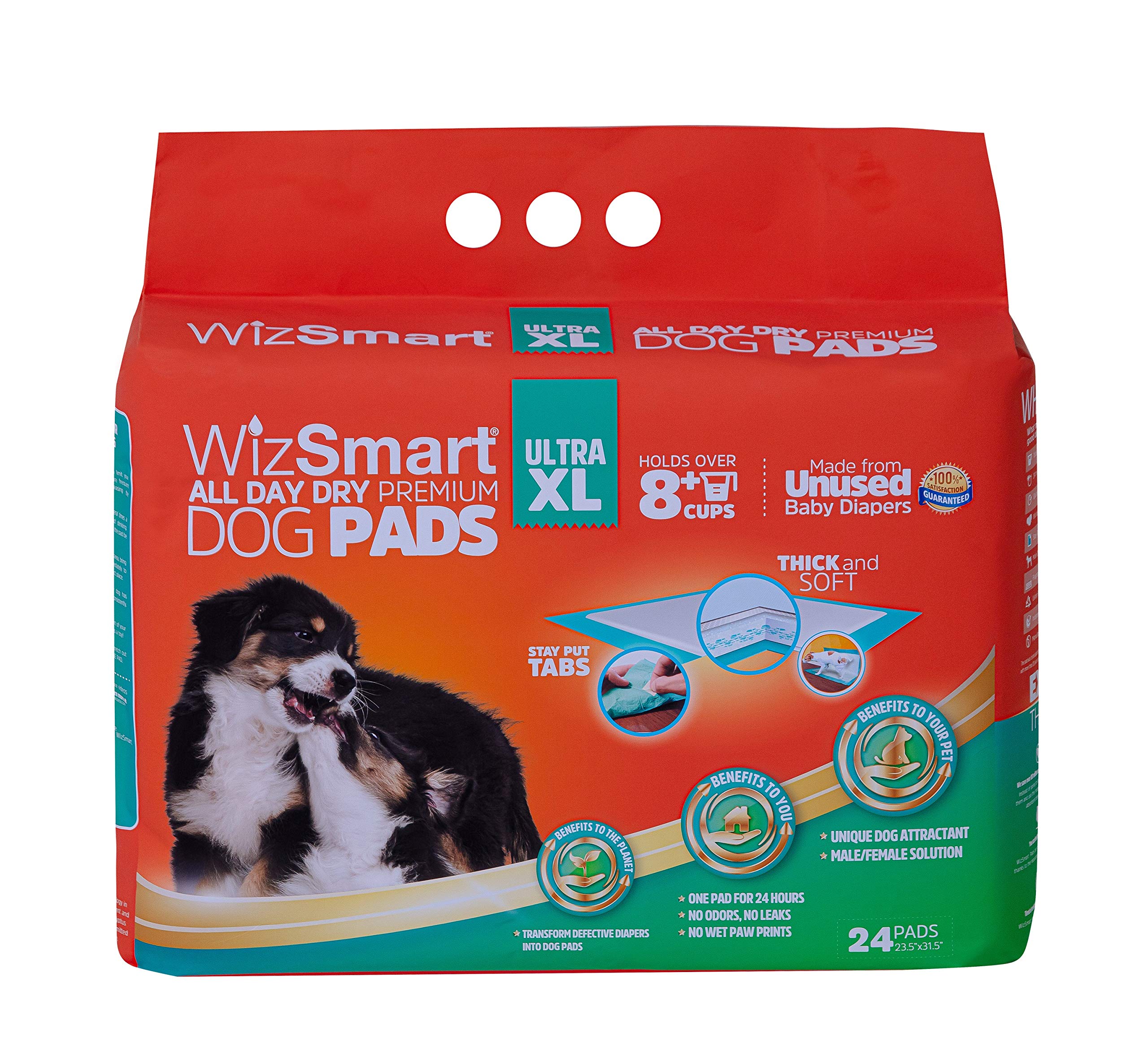 WizSmart All-Day Dry Premium Dog and Puppy Potty Training Pads Quick Drying Absorbent and Odor Free with Stay Put Tabs 10+ cup U
