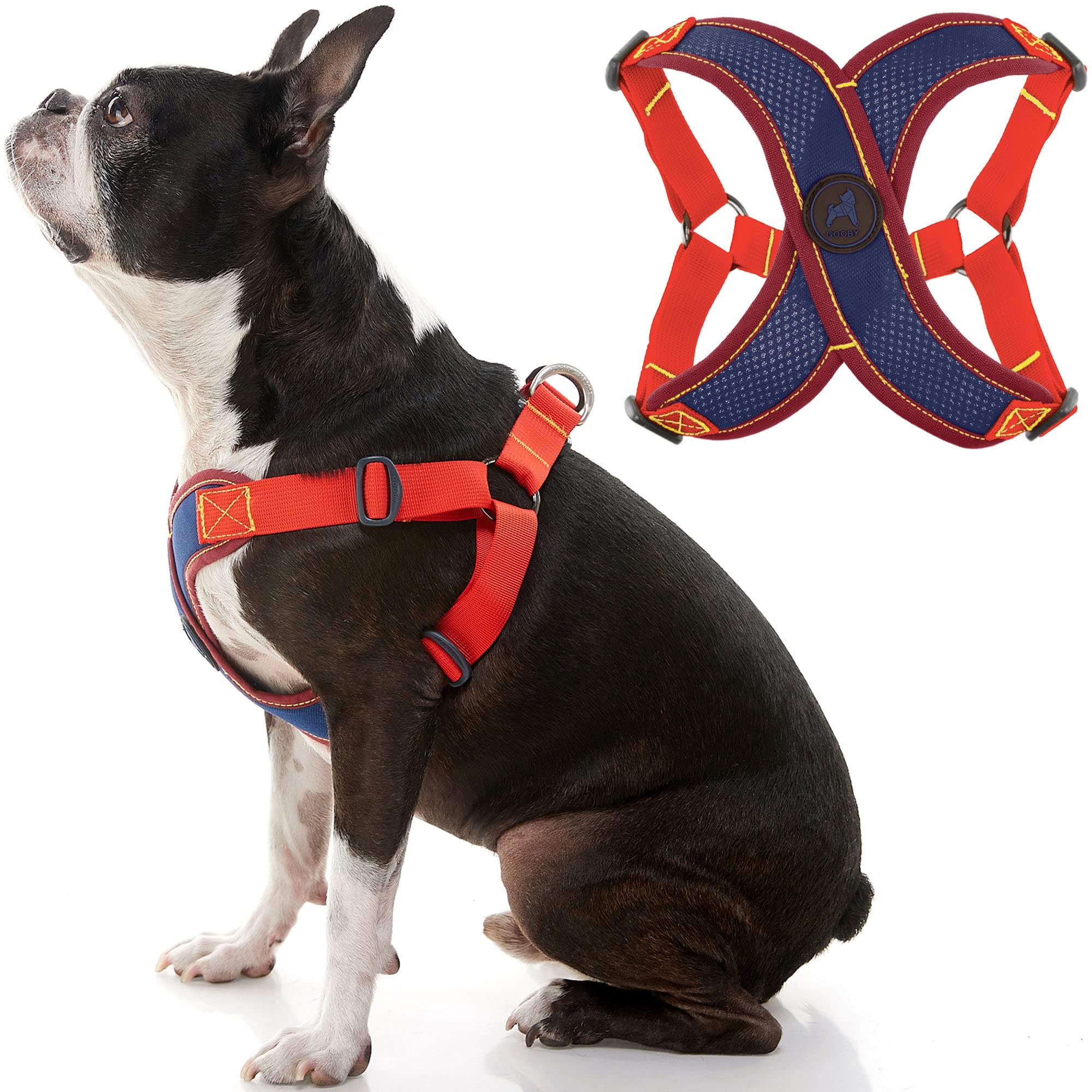 gooby comfort X Step in Harness V2 - Large Navy(Red) - No Pull Small Dog Harness with Patented Adjusting choke-Free X Frame - Pe