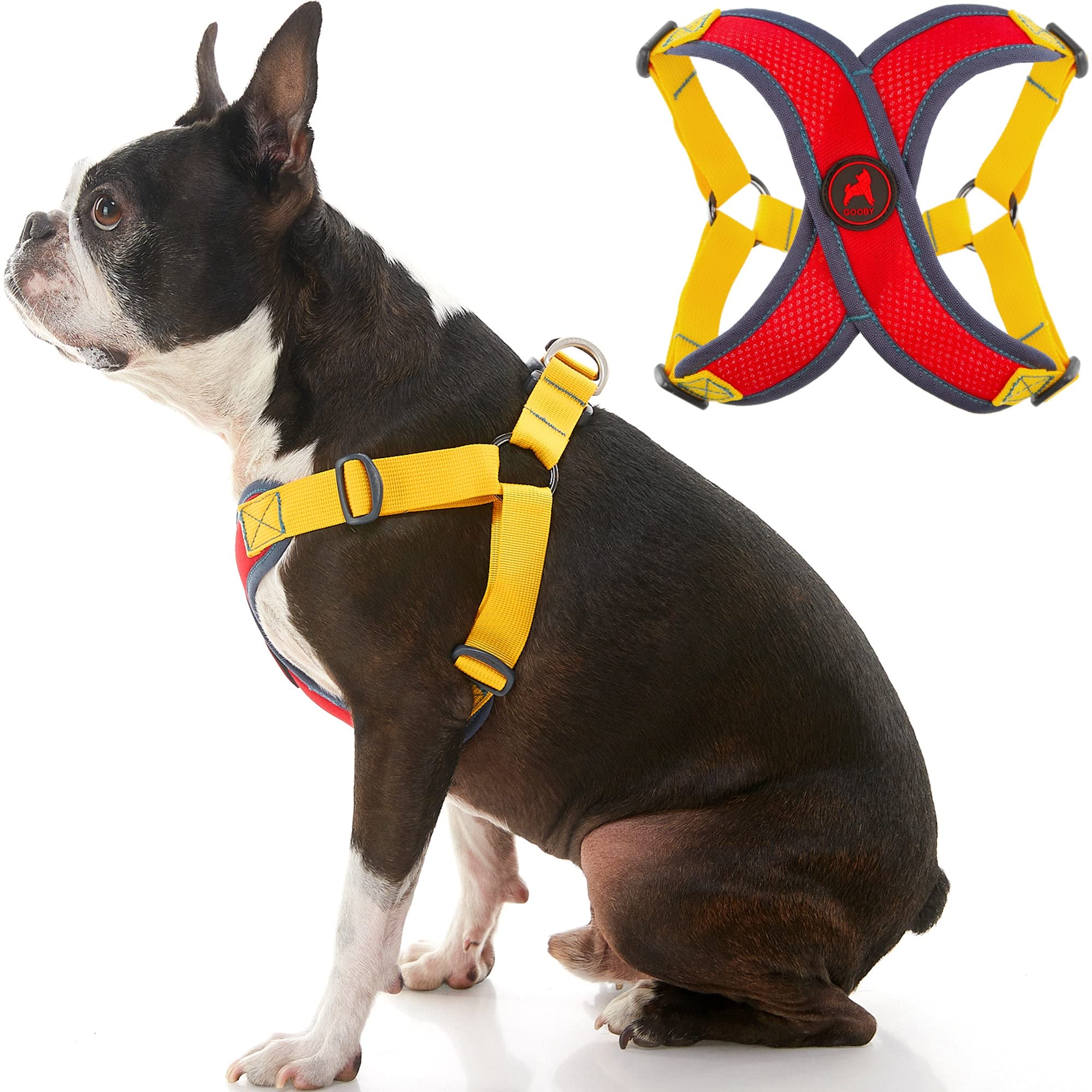 gooby comfort X Step in Harness V2 - Large Red(Yellow) - No Pull Small Dog Harness with Patented Adjusting choke-Free X Frame - 