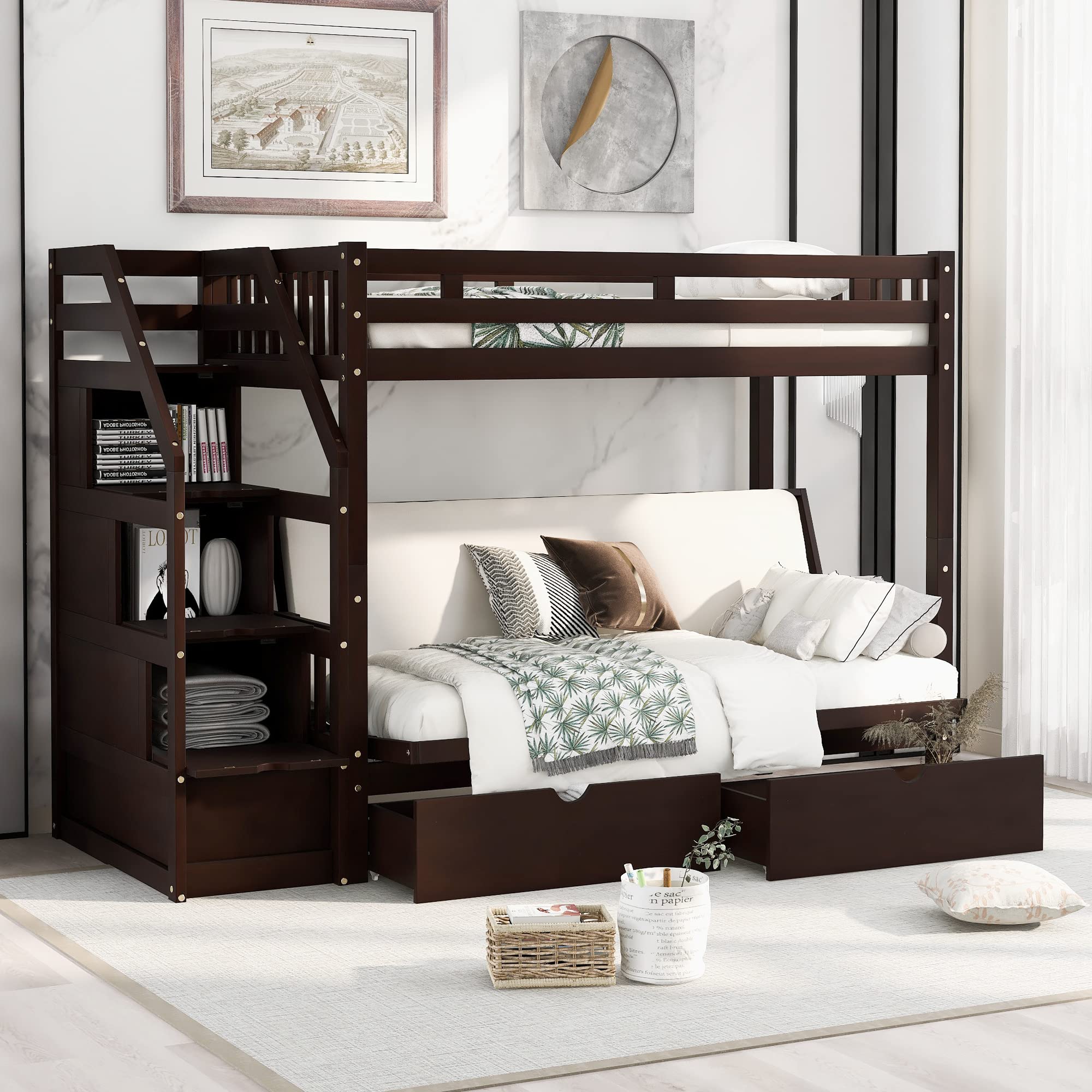 Harper & Bright Desi Twin Over Full Futon Bunk Beds with Stairs and Two Storage Drawers Down Bed can be converted into Daybed Wooden Bunk Bed Frame f
