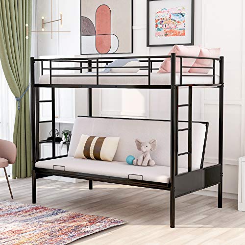 Harper & Bright Desi Twin Over Full Bunk Bed Metal Futon Bunk Bed can convertible couch and Bed Bunk Bed Frame with Sturdy Steel Frame guard Rail Lad