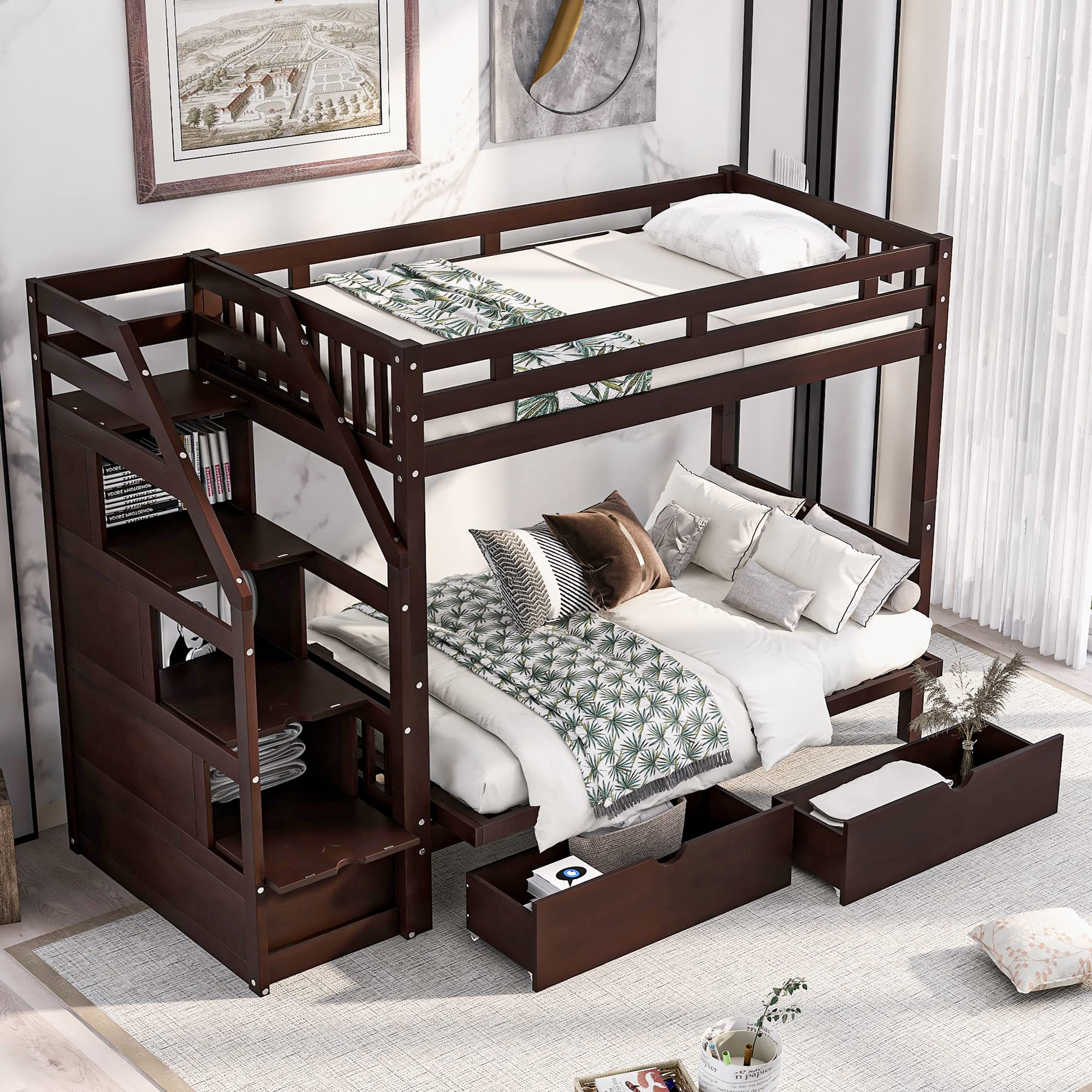 Harper & Bright Designs Twin Over Full Futon Bunk Beds with Stairs and Two Storage Drawers Down Bed can be converted into Daybed