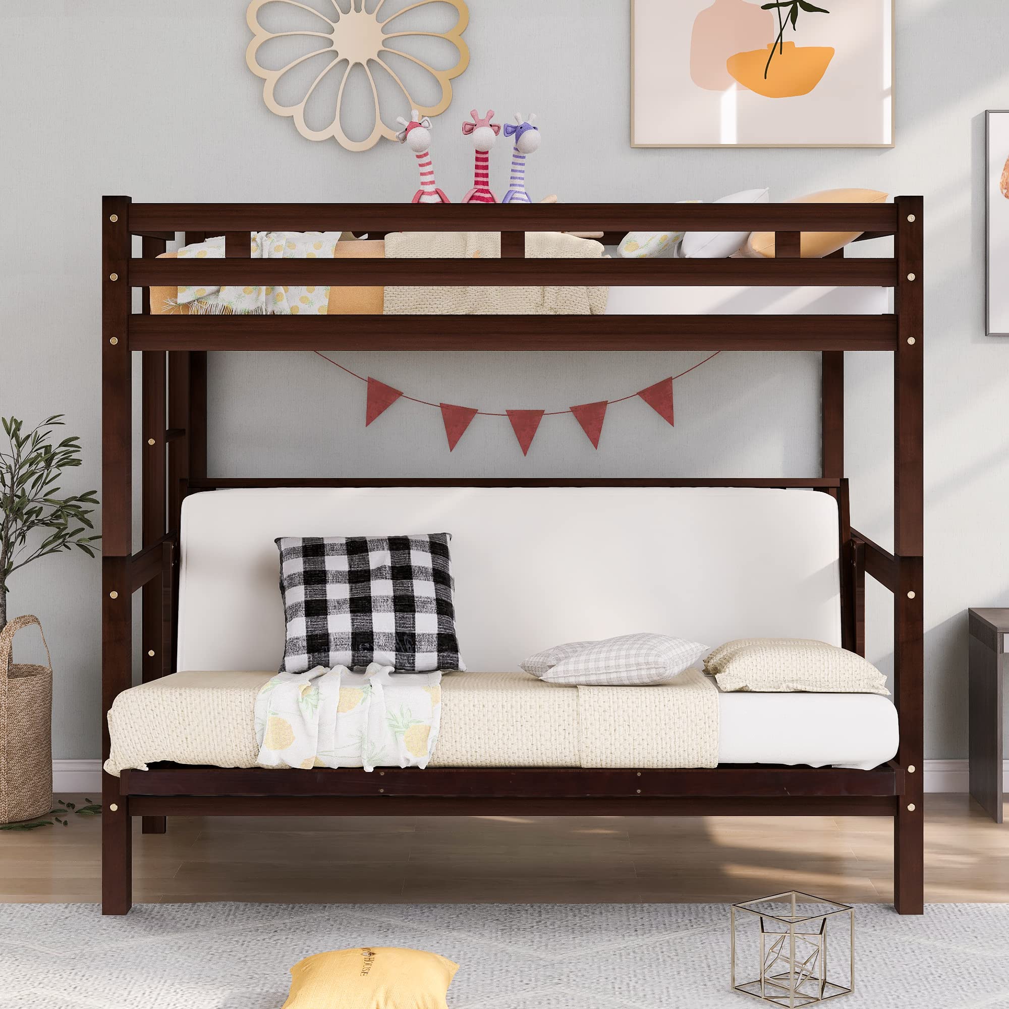 Bellemave Twin Over Full Futon Bunk Beds Down Bed can be converted into Daybed Wooden Bed Frame for Kids Teens Adults - Espresso