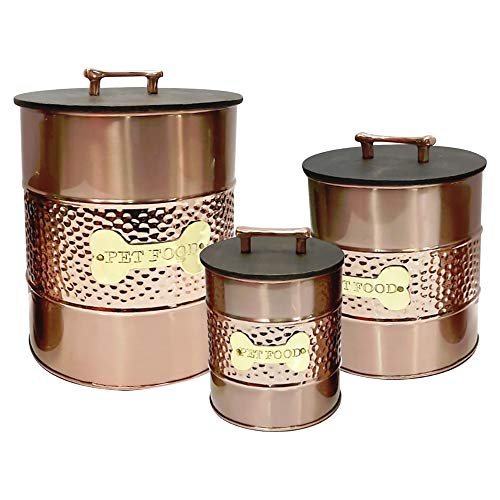 nu steel metal hammered copper 3 Pc set Jumbo Pet canister with sturdy bone plaque Dog Food Treat Storage container Jar with woo