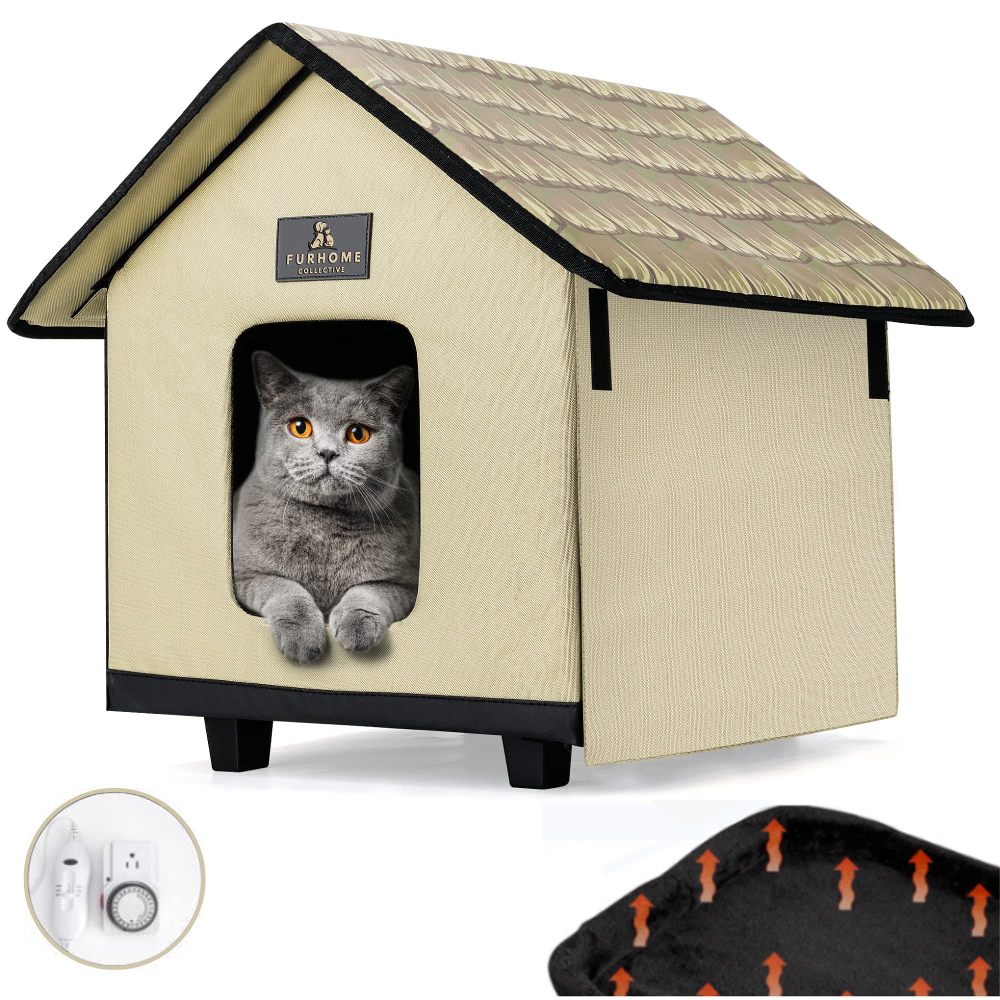 FURHOME COLLECTIVE Heated cat Houses for Outdoor cats in Winter and Summer.  Elevated. All Year Round Indoor or Outdoor cat House with Roll Up Sides