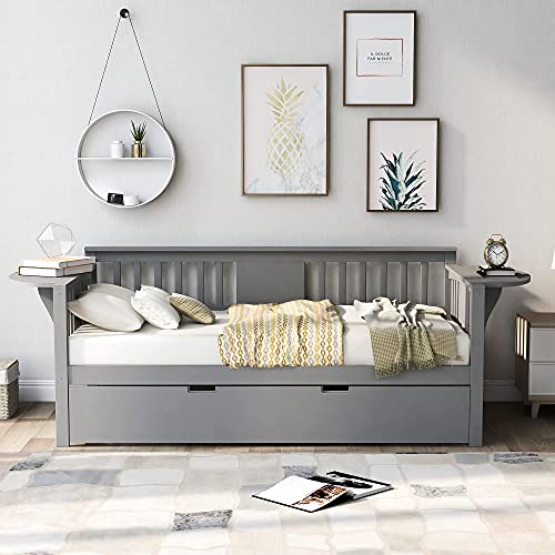 Harper & Bright Desi Daybed with Trundle Wood Twin Size Sofa Bed Frame with Small Table Dual-use Sturdy Bed for Kids guests Sleepovers (greyTwin with