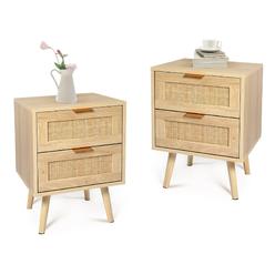HOPUBUY Nightstands Set of 2 with Rattan Drawer Modern Night Stand for Bedrooms Wooden 2 Drawer Bedside Table Side Table for Sma