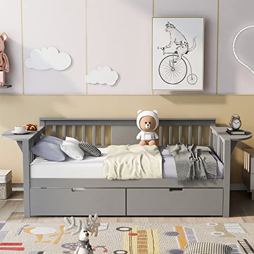 Harper & Bright Desi Daybed with Storage Drawers Wood Twin Daybed Frame with Small Foldable Table Twin Size Sofa Bed for Bedroom Living Room (grey Tw