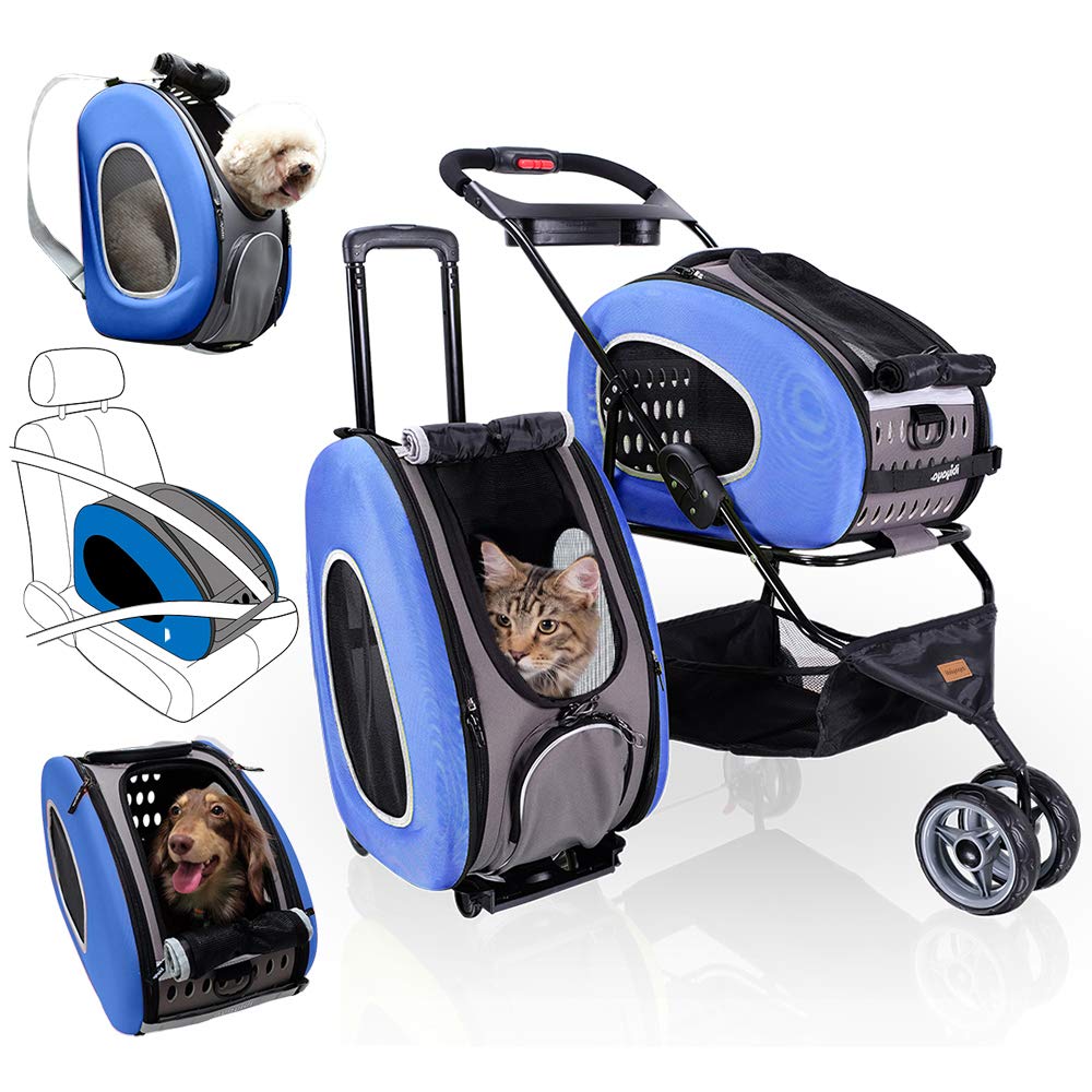 Ibiyaya 5-in-1 Pet carrier with Backpack Pet carrier Stroller Shoulder Strap carriers with Wheels for Dogs and cats - Blue