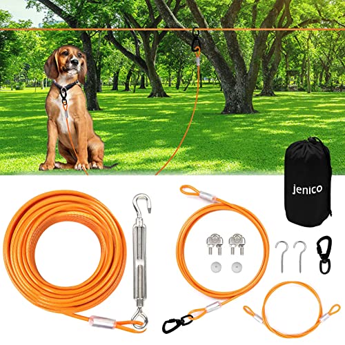 jenico Dog Tie Out cable - 50ft Overhead Trolley System for Dogs up to 125lbs - Heavy Duty Dog cable with 10ft Dog Runner Lead f