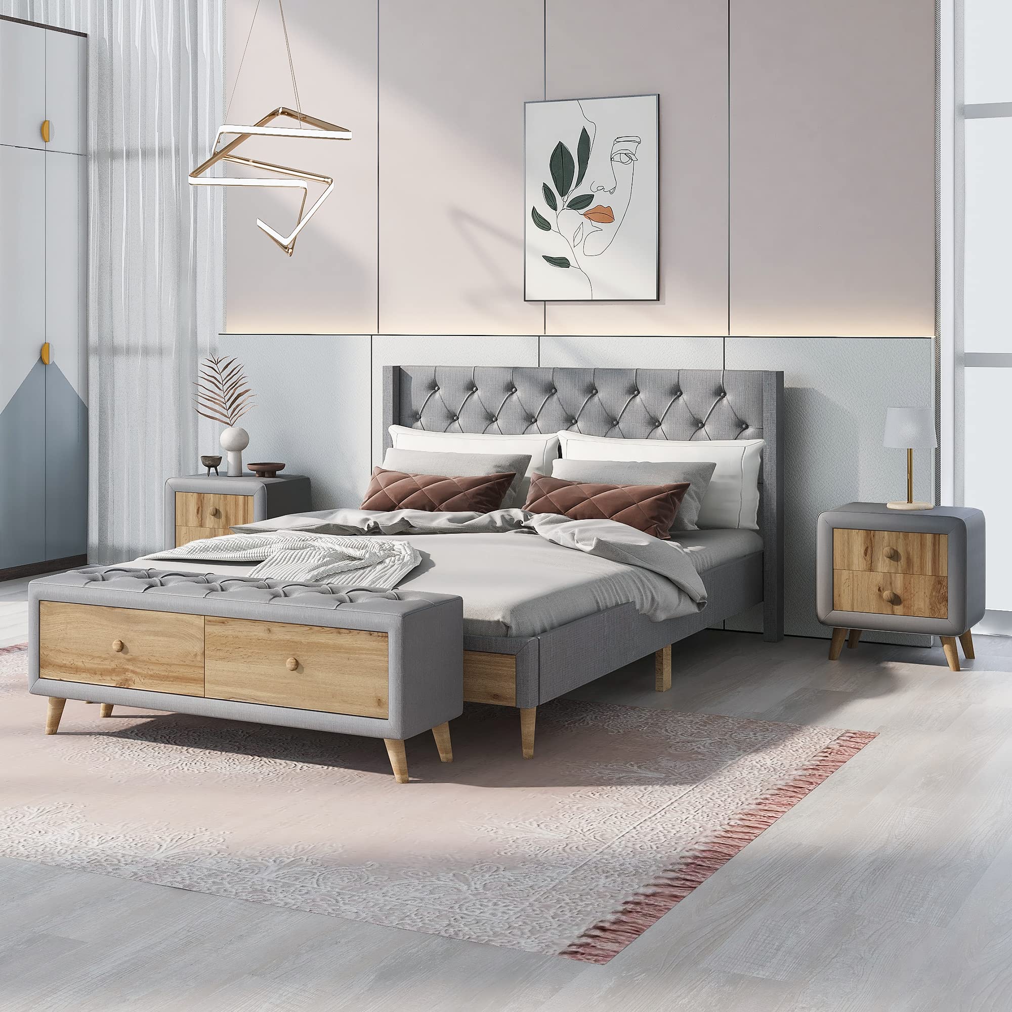 Harper & Bright Designs Bedroom Sets Queen Size Upholstered Platform Bed with Two Nightstands and Storage Bench 4-Pieces Bedroom