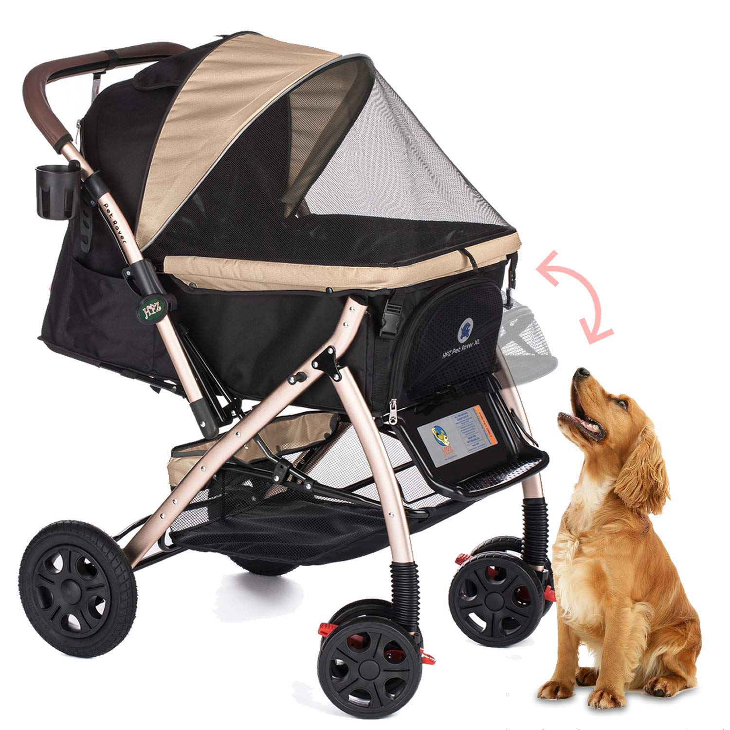 HPZ-PR America HPZ Pet Rover XL Extra-Long Premium Heavy Duty DogcatPet Stroller Travel carriage for Small Medium Large Pets (Taupe 2nd-gen)