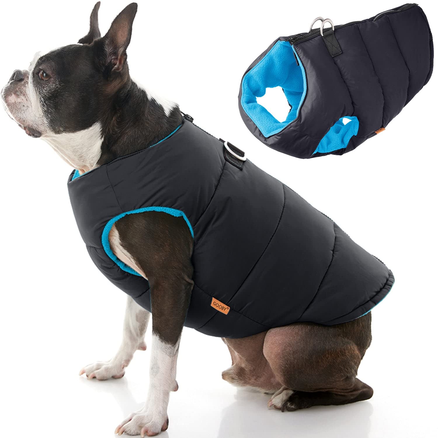 gooby Padded Vest Dog Jacket - Solid Black, X-Large - Warm Zip Up Dog Vest Fleece Jacket with Dual D Ring Leash - Water Resistan