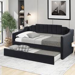 Flieks Upholstered Daybed with Trundle, Solid Wood Sofa Bed Frame, Swooping Arms and curved Back Design, No Box Spring Needed, B