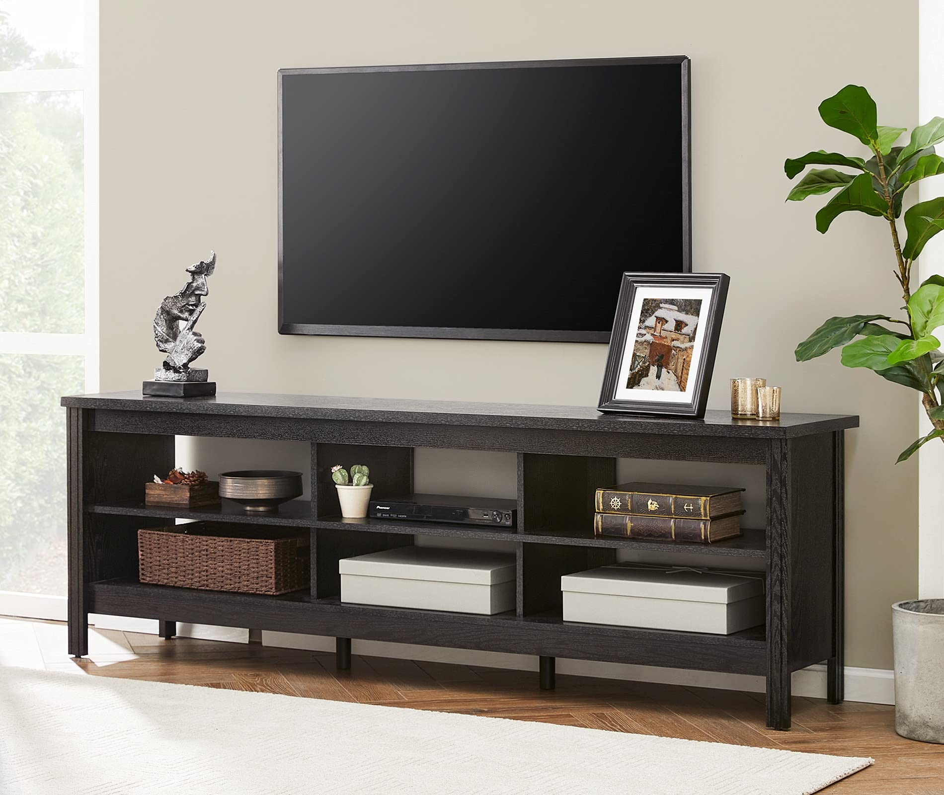 WAMPAT classic TV Stand for TVs up to 80 Inches, Black Entertainment center for 75 inch TV console Table with 6 cubby Storage fo