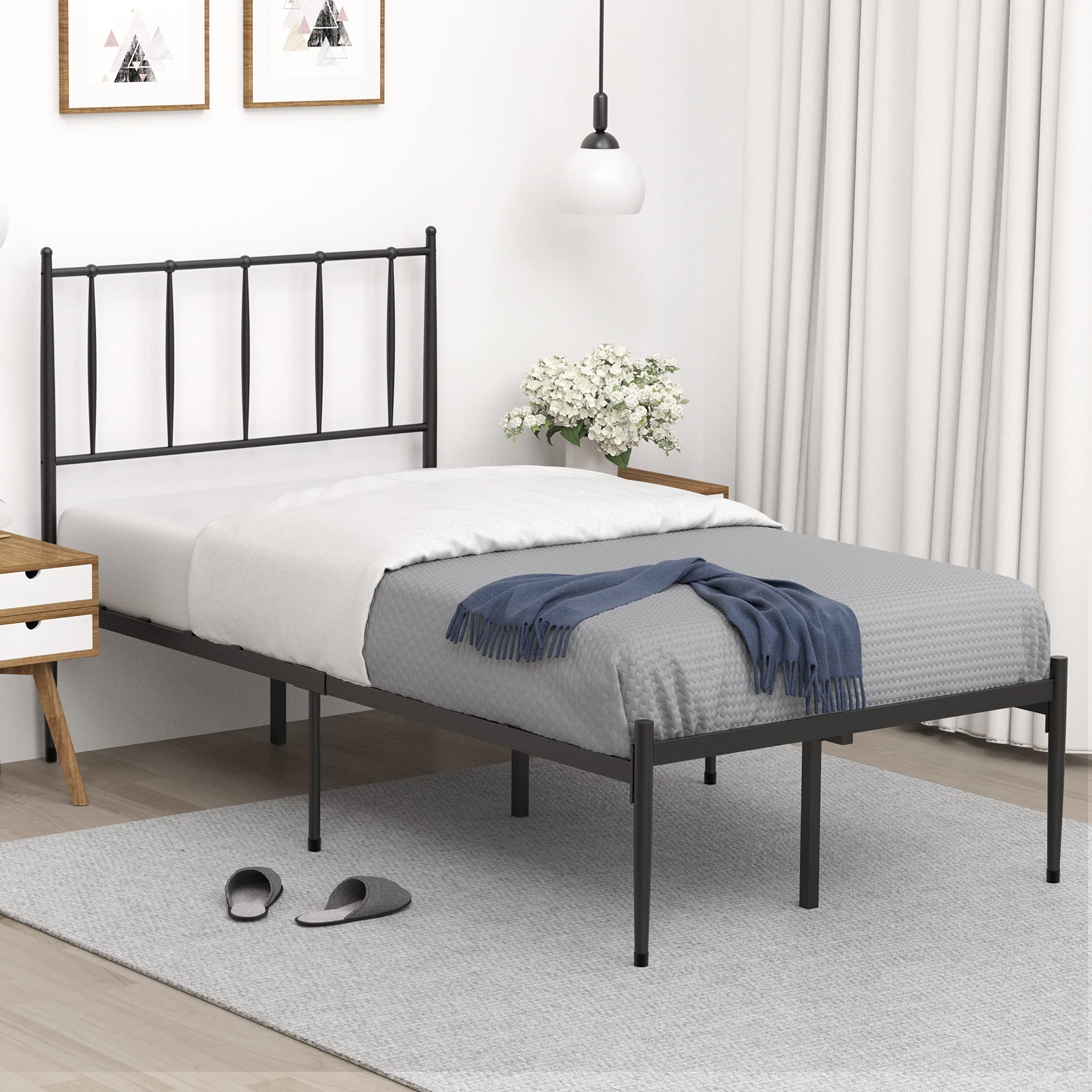 IDEALHOUSE Twin Size Metal Platform Bed Frame with Headboard, Bed Frame Mattress Foundation with Slat Support and 12.3 Storage H