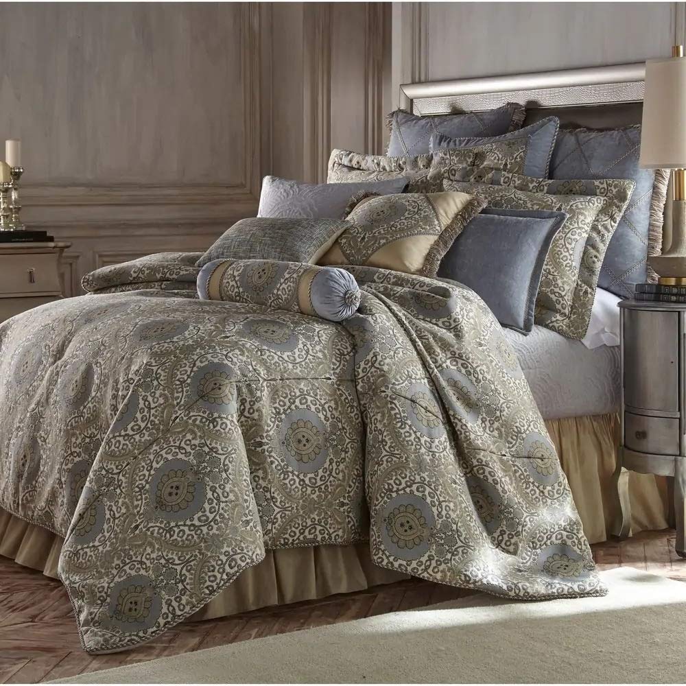 HNU Jacquard Floral comforter Set King 3 Piece greyish Blue gold Bronze Luxurious Beautiful Elegant Sleek Rich Traditional Aesth