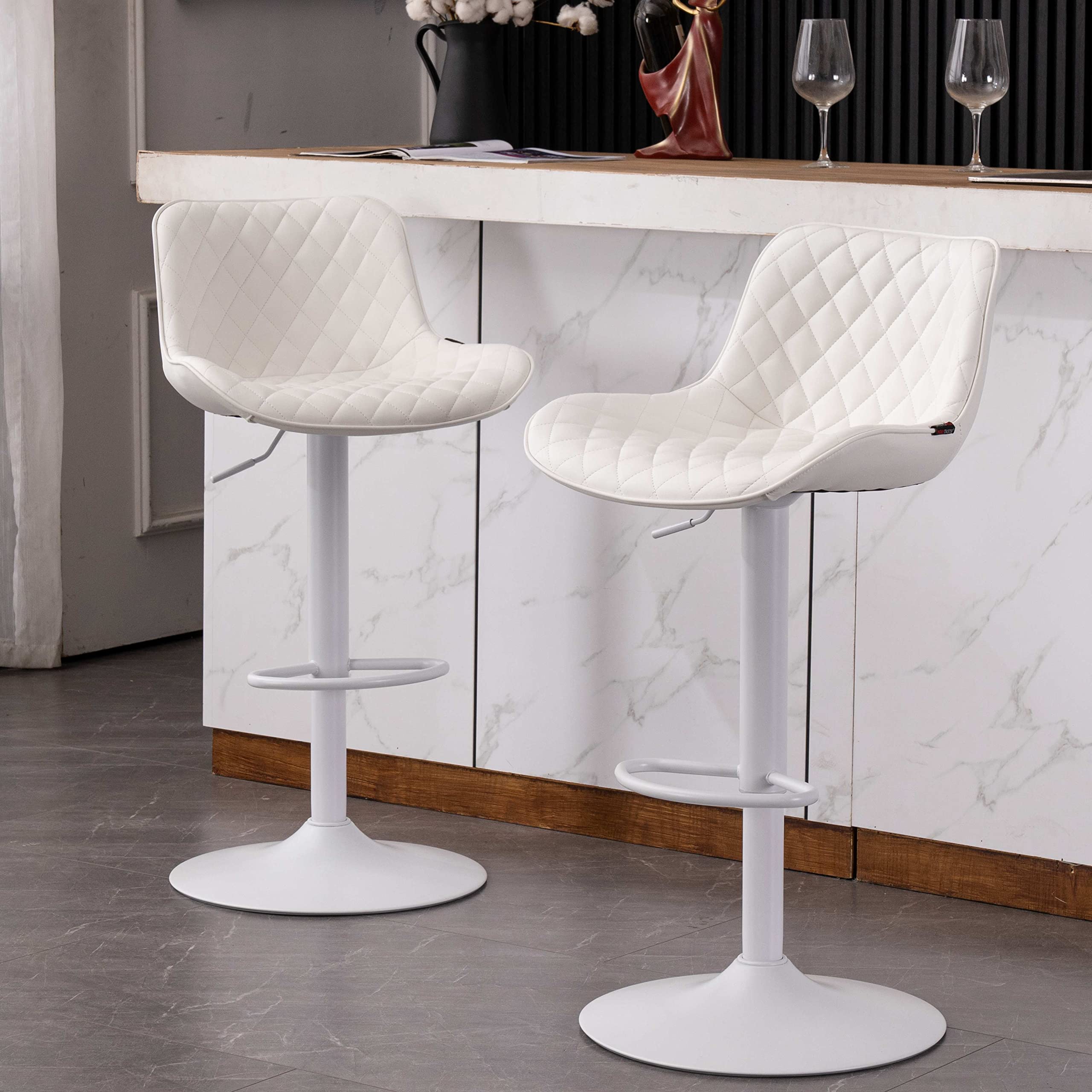 YOUTASTE White Bar Stools Set of 2 Faux Leather Padded counter Height Bar Stool Adjustable Metal Barstools High Back Swivel Bar